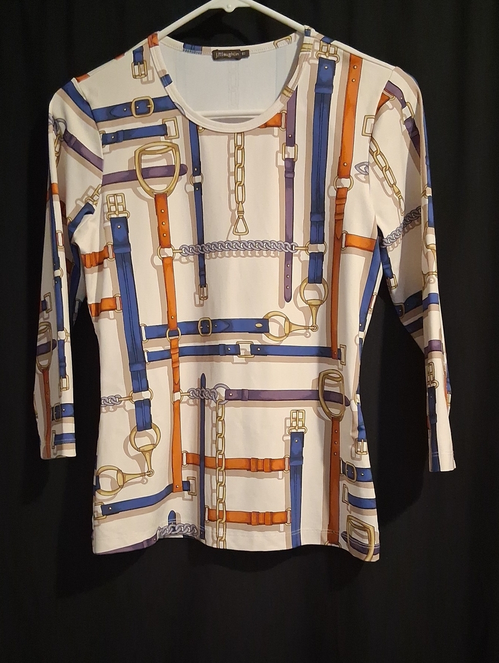J. MCLAUGHLIN Xs Signature Catalina Cloth 3/4 Sleeve Horse Bit Belt Print Tee